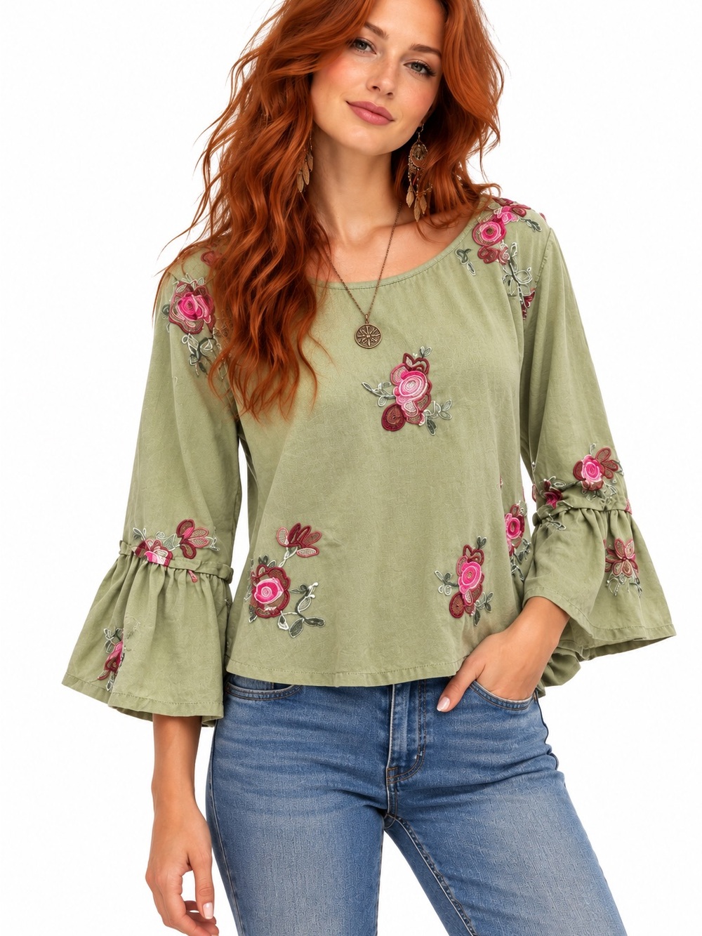 John Mark Floral Embroidered Olive Green Tunic Boho Top